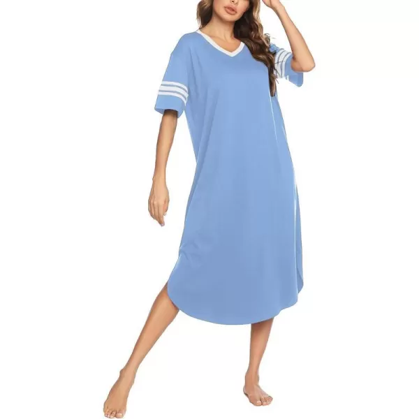 Ekouaer Long Nightgown Womens V Neck Loungewear Oversized Sleepwear Loose Sleep Dress S4XLLight Blue