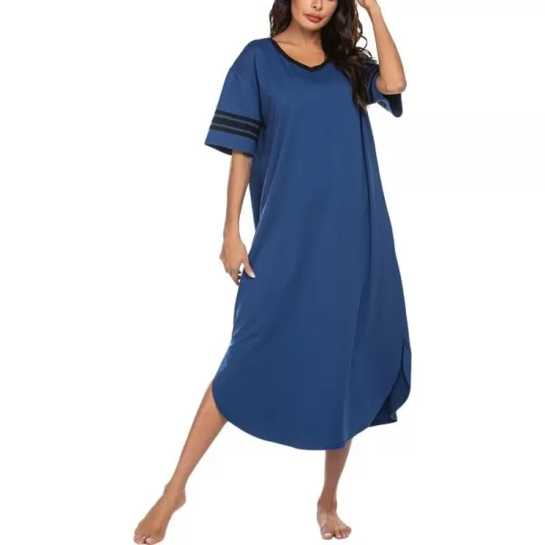 Ekouaer Long Nightgown Womens V Neck Loungewear Oversized Sleepwear Loose Sleep Dress S4XLNavy Blue