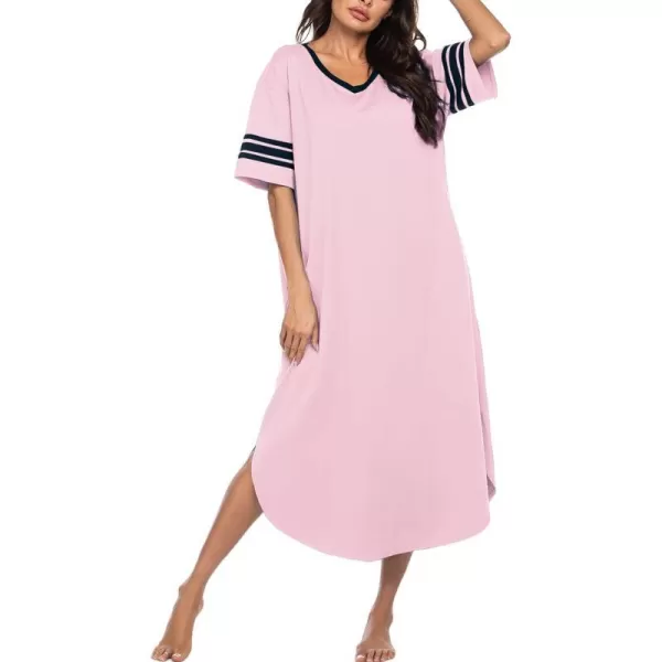 Ekouaer Long Nightgown Womens V Neck Loungewear Oversized Sleepwear Loose Sleep Dress S4XLPink