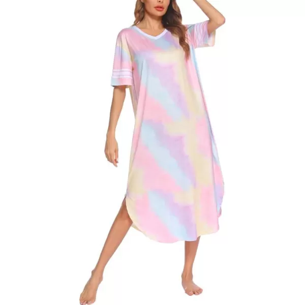 Ekouaer Long Nightgown Womens V Neck Loungewear Oversized Sleepwear Loose Sleep Dress S4XLTie Dyecolorful