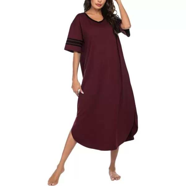 Ekouaer Long Nightgown Womens V Neck Loungewear Oversized Sleepwear Loose Sleep Dress S4XLWine Red