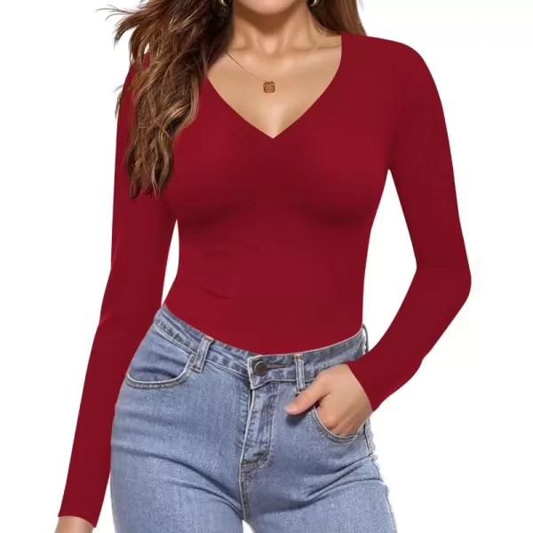 Ekouaer Long Sleeve Shirts for Women V Neck Basics Tops Lightweight Base Layer Slim Fit Top Thermal UndershirtsDark Red