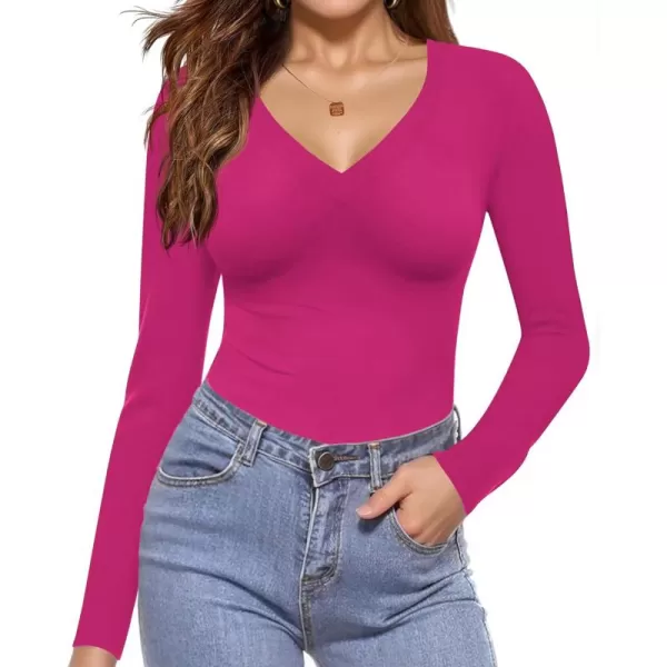 Ekouaer Long Sleeve Shirts for Women V Neck Basics Tops Lightweight Base Layer Slim Fit Top Thermal UndershirtsHot Pink