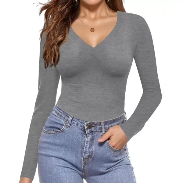 Ekouaer Long Sleeve Shirts for Women V Neck Basics Tops Lightweight Base Layer Slim Fit Top Thermal UndershirtsLight Grey