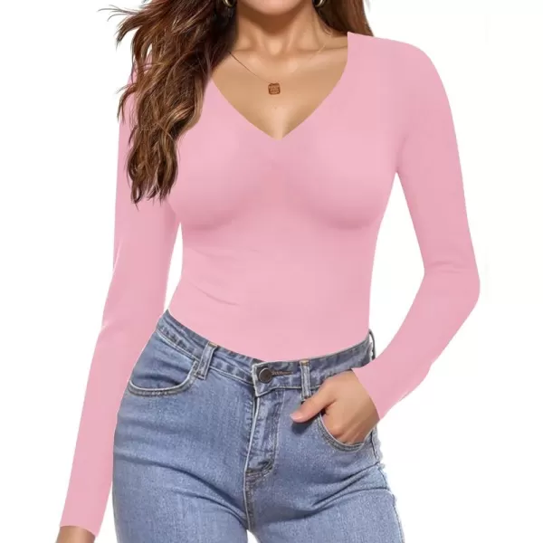 Ekouaer Long Sleeve Shirts for Women V Neck Basics Tops Lightweight Base Layer Slim Fit Top Thermal UndershirtsPink