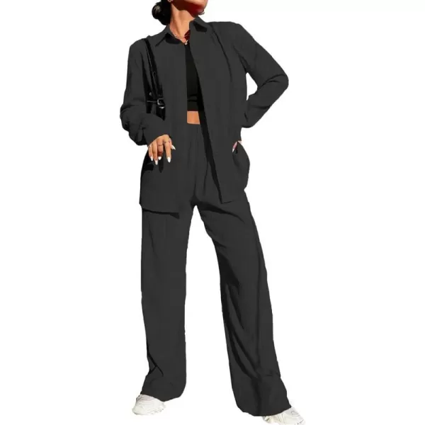 Ekouaer Lounge Set for Women Button Down 2 Pieces Outfits Long Sleeve Pajamas Loungewear with Pockets SXXLBlack