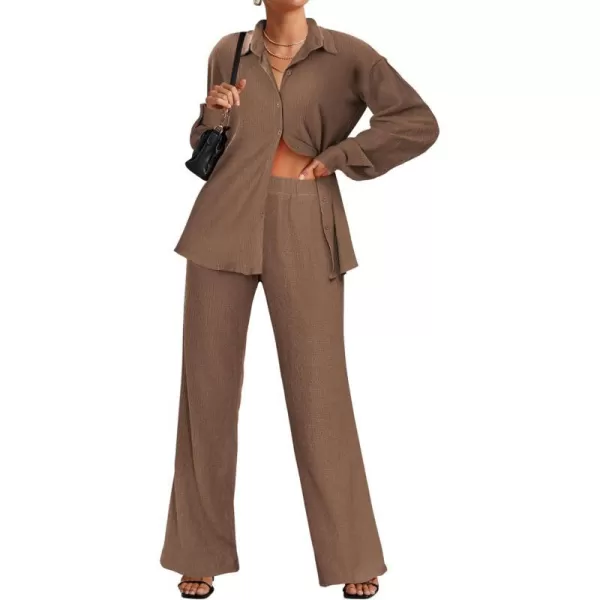 Ekouaer Lounge Set for Women Button Down 2 Pieces Outfits Long Sleeve Pajamas Loungewear with Pockets SXXLBrown