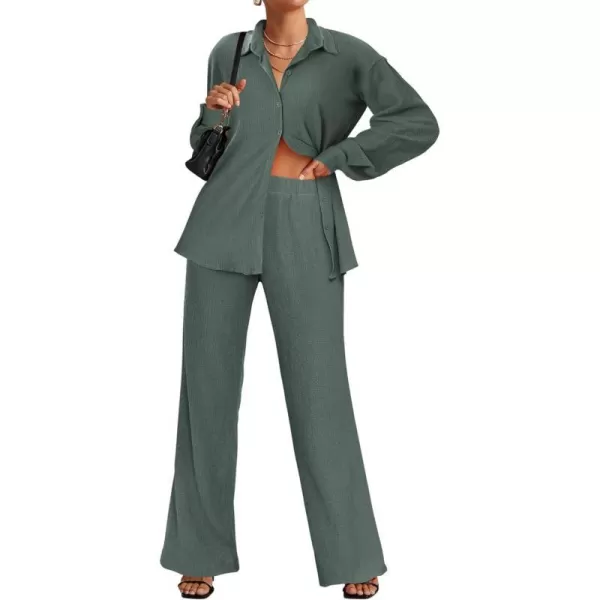 Ekouaer Lounge Set for Women Button Down 2 Pieces Outfits Long Sleeve Pajamas Loungewear with Pockets SXXLDark Army Green