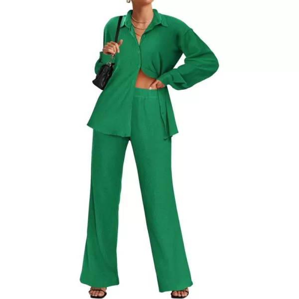 Ekouaer Lounge Set for Women Button Down 2 Pieces Outfits Long Sleeve Pajamas Loungewear with Pockets SXXLGreen