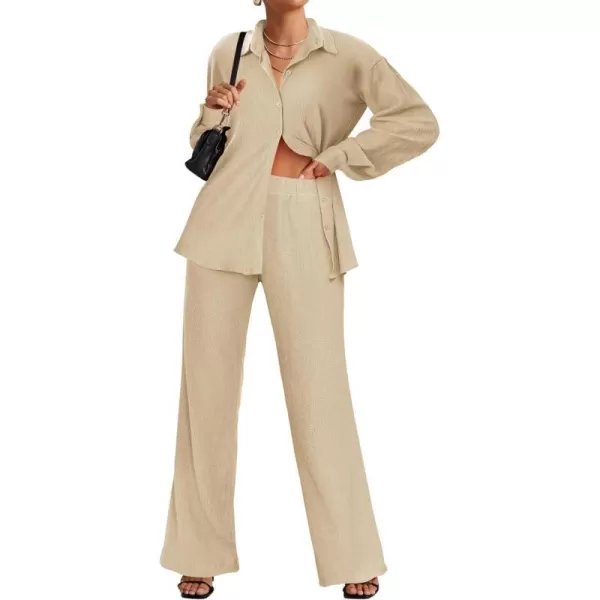 Ekouaer Lounge Set for Women Button Down 2 Pieces Outfits Long Sleeve Pajamas Loungewear with Pockets SXXLKhaki