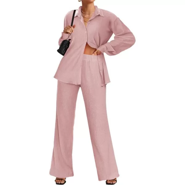 Ekouaer Lounge Set for Women Button Down 2 Pieces Outfits Long Sleeve Pajamas Loungewear with Pockets SXXLPink