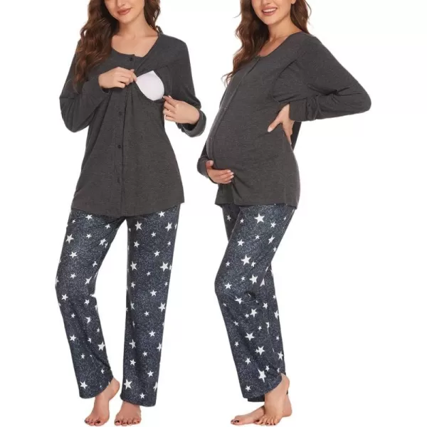 Ekouaer Maternity Nursing Pajama Set Long Sleeves Breastfeeding Sleepwear Soft Hospital Pregnancy pjs SetsDark Gray