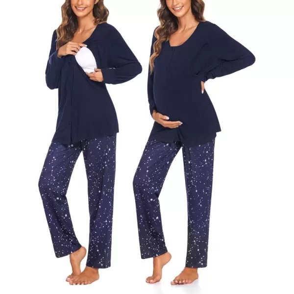 Ekouaer Maternity Nursing Pajama Set Long Sleeves Breastfeeding Sleepwear Soft Hospital Pregnancy pjs SetsNavy Blue Stars