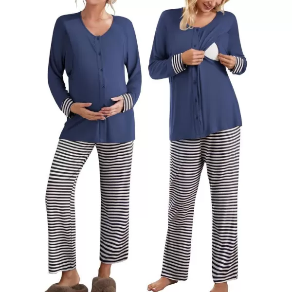 Ekouaer Maternity Nursing Pajama Set Long Sleeves Breastfeeding Sleepwear Soft Hospital Pregnancy pjs SetsNavy Blue Striped