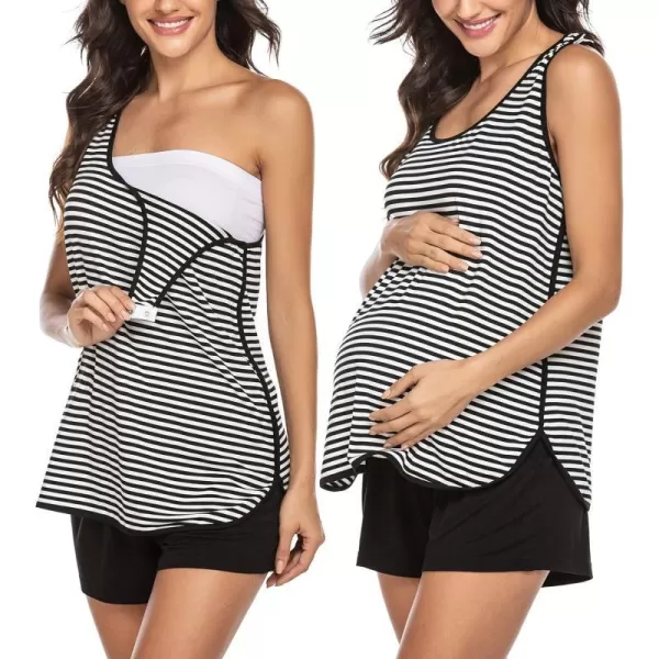 Ekouaer Maternity Nursing Pajamas Sleepwear Set Shorts Striped for Hospital HomeBlackstriped