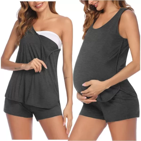 Ekouaer Maternity Nursing Pajamas Sleepwear Set Shorts Striped for Hospital HomeDarkgrey