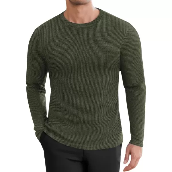 Ekouaer Mens Long Sleeve Shirts Honeycomb Waffle Pullover Sweater Crewneck Thermal Tops Lightweight UndershirtsArmy Green