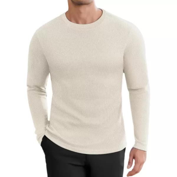 Ekouaer Mens Long Sleeve Shirts Honeycomb Waffle Pullover Sweater Crewneck Thermal Tops Lightweight UndershirtsBeige