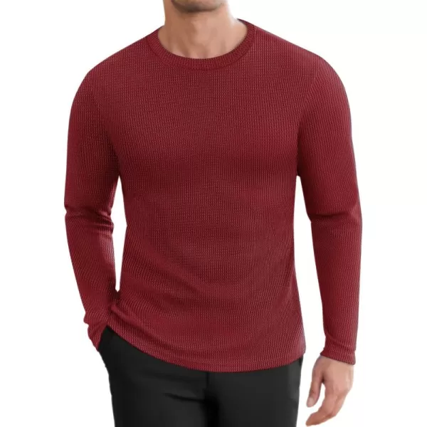 Ekouaer Mens Long Sleeve Shirts Honeycomb Waffle Pullover Sweater Crewneck Thermal Tops Lightweight UndershirtsWine Red