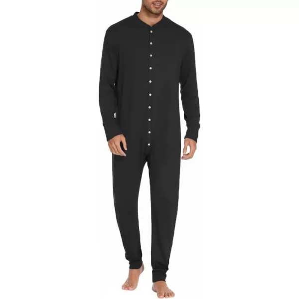 Ekouaer Mens Thermal Union Suit Button Down Onesies Long Sleeve One Piece Pajama with Button Flap SXXLBlack