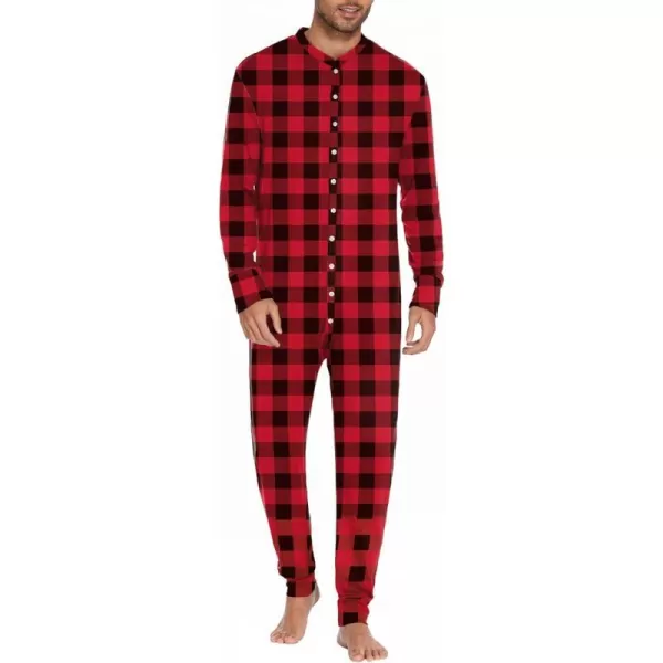 Ekouaer Mens Thermal Union Suit Button Down Onesies Long Sleeve One Piece Pajama with Button Flap SXXLRedBlack Plaid