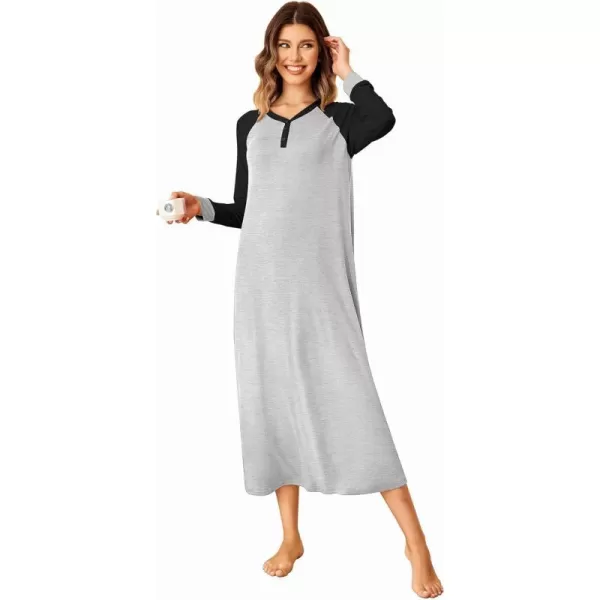 Ekouaer Nightgown Long Sleeve for Women Sleepwear V Neck Loungewear Button Full Length NightshirtAblack