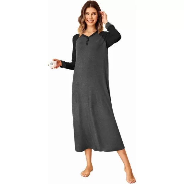 Ekouaer Nightgown Long Sleeve for Women Sleepwear V Neck Loungewear Button Full Length NightshirtAdark Grey