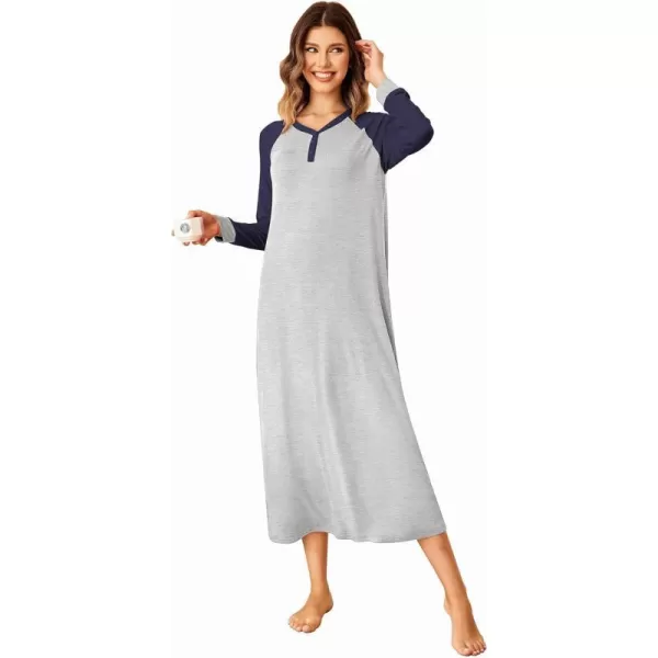 Ekouaer Nightgown Long Sleeve for Women Sleepwear V Neck Loungewear Button Full Length NightshirtAnavy Blue