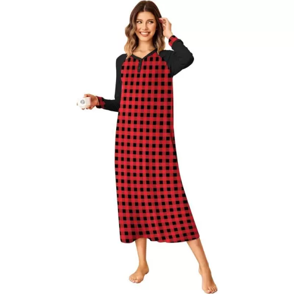 Ekouaer Nightgown Long Sleeve for Women Sleepwear V Neck Loungewear Button Full Length NightshirtAred amp Black Plaid