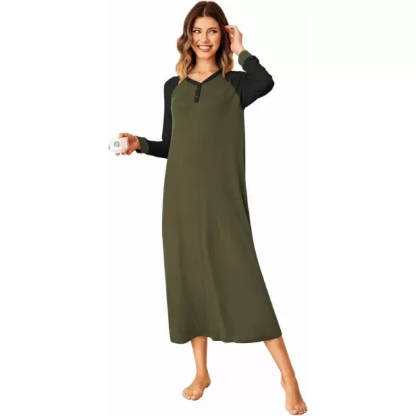 Ekouaer Nightgown Long Sleeve for Women Sleepwear V Neck Loungewear Button Full Length NightshirtArmy Green