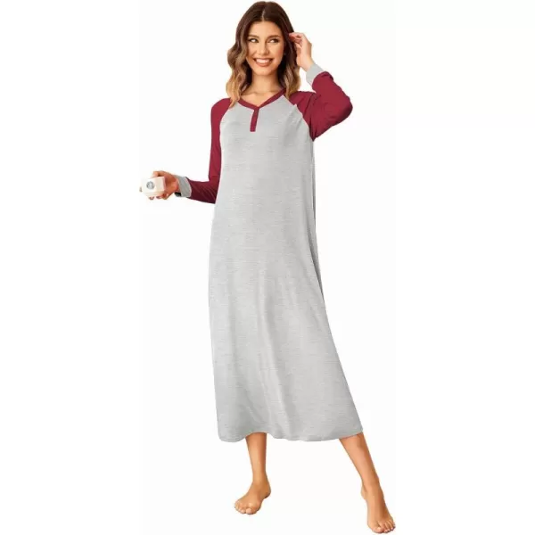 Ekouaer Nightgown Long Sleeve for Women Sleepwear V Neck Loungewear Button Full Length NightshirtAwine Red