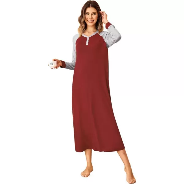 Ekouaer Nightgown Long Sleeve for Women Sleepwear V Neck Loungewear Button Full Length NightshirtAwine Red1