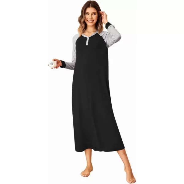 Ekouaer Nightgown Long Sleeve for Women Sleepwear V Neck Loungewear Button Full Length NightshirtBlack2