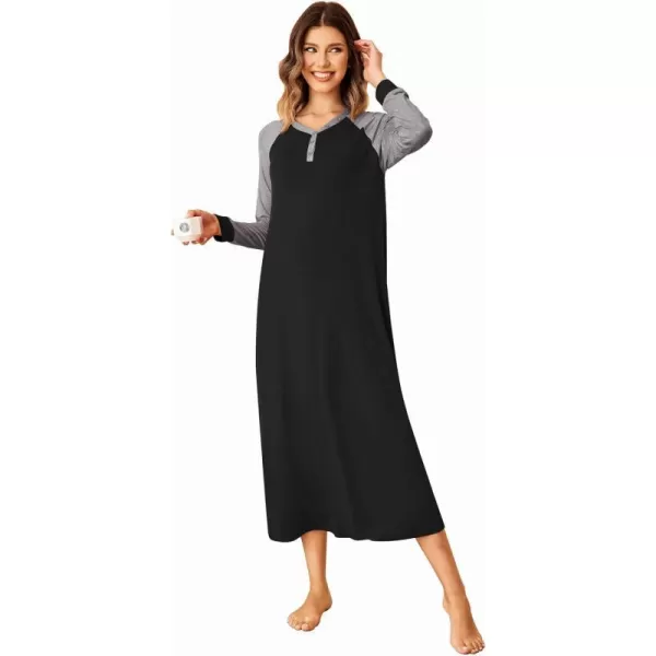 Ekouaer Nightgown Long Sleeve for Women Sleepwear V Neck Loungewear Button Full Length NightshirtBlack3