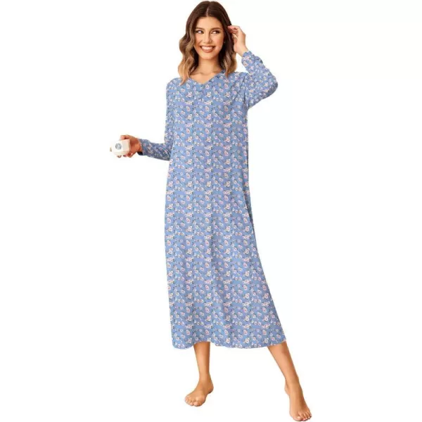 Ekouaer Nightgown Long Sleeve for Women Sleepwear V Neck Loungewear Button Full Length NightshirtBlue Flower