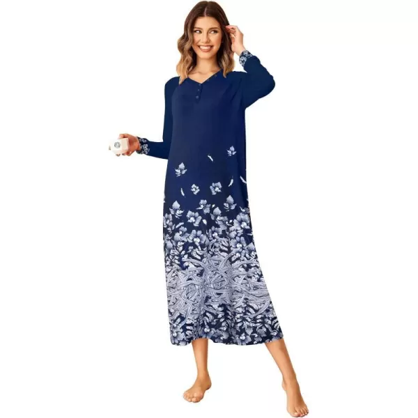 Ekouaer Nightgown Long Sleeve for Women Sleepwear V Neck Loungewear Button Full Length NightshirtGrey Flower