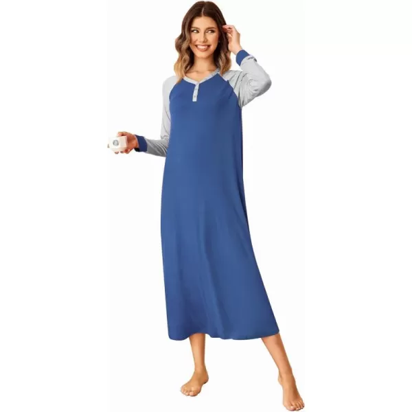 Ekouaer Nightgown Long Sleeve for Women Sleepwear V Neck Loungewear Button Full Length NightshirtNavy