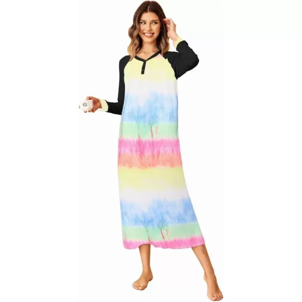 Ekouaer Nightgown Long Sleeve for Women Sleepwear V Neck Loungewear Button Full Length NightshirtPat2