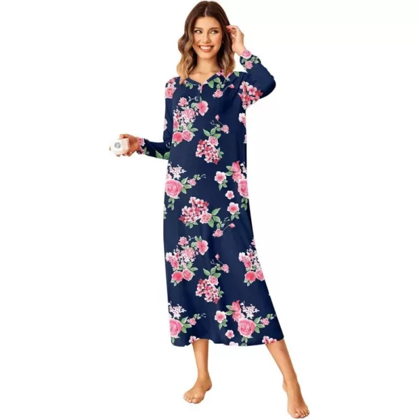 Ekouaer Nightgown Long Sleeve for Women Sleepwear V Neck Loungewear Button Full Length NightshirtPink Flower