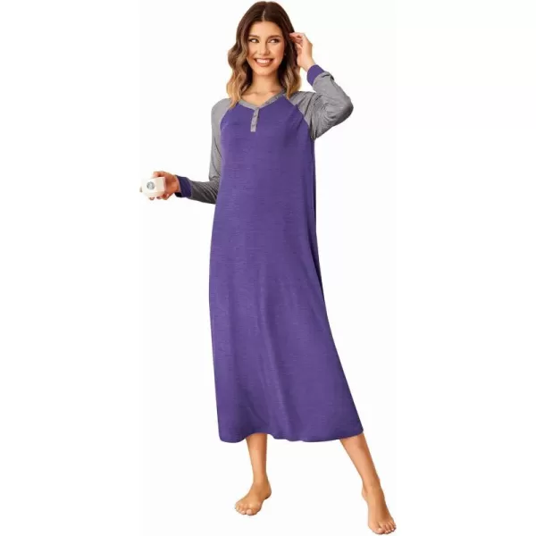 Ekouaer Nightgown Long Sleeve for Women Sleepwear V Neck Loungewear Button Full Length NightshirtPurple