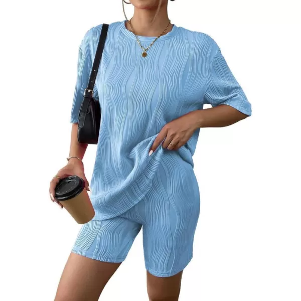 Ekouaer Pajamas 2 Piece Lounge Sets Short Sleeve Matching Outfits Oversized Shirt Biker Shorts Set Soft Sleepwear SweatsuitsBlue