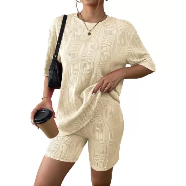 Ekouaer Pajamas 2 Piece Lounge Sets Short Sleeve Matching Outfits Oversized Shirt Biker Shorts Set Soft Sleepwear SweatsuitsChampagne