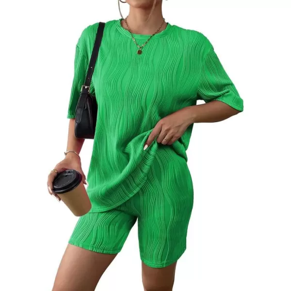 Ekouaer Pajamas 2 Piece Lounge Sets Short Sleeve Matching Outfits Oversized Shirt Biker Shorts Set Soft Sleepwear SweatsuitsGreen