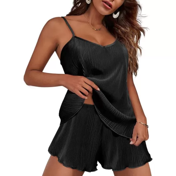 Ekouaer Pajamas Sets for Women Pleated Lingerie Sleepwear 2 Piece Y2K Camisole Shorts Set Soft Nightwear SXXLBlack