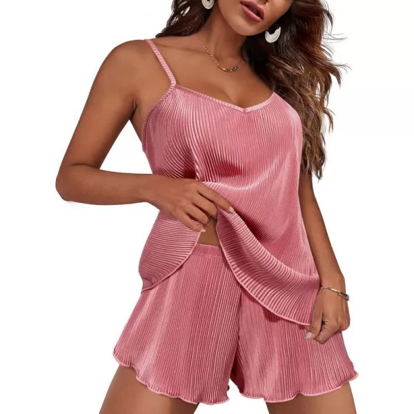 Ekouaer Pajamas Sets for Women Pleated Lingerie Sleepwear 2 Piece Y2K Camisole Shorts Set Soft Nightwear SXXLPink