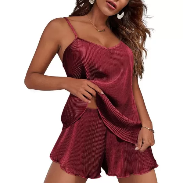 Ekouaer Pajamas Sets for Women Pleated Lingerie Sleepwear 2 Piece Y2K Camisole Shorts Set Soft Nightwear SXXLWine Red