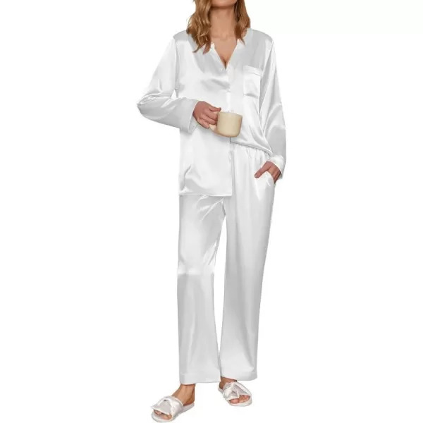 Ekouaer Satin Pajamas Set Womens Long Sleeve Sleepwear Classic Button Down Loungewear Silk Pjs with Pockets01 White