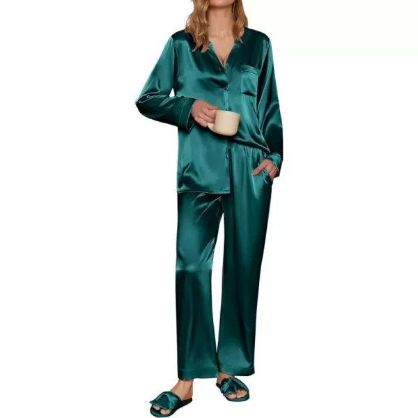 Ekouaer Satin Pajamas Set Womens Long Sleeve Sleepwear Classic Button Down Loungewear Silk Pjs with PocketsDark Green