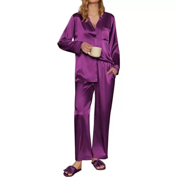 Ekouaer Satin Pajamas Set Womens Long Sleeve Sleepwear Classic Button Down Loungewear Silk Pjs with PocketsEggplant Purple