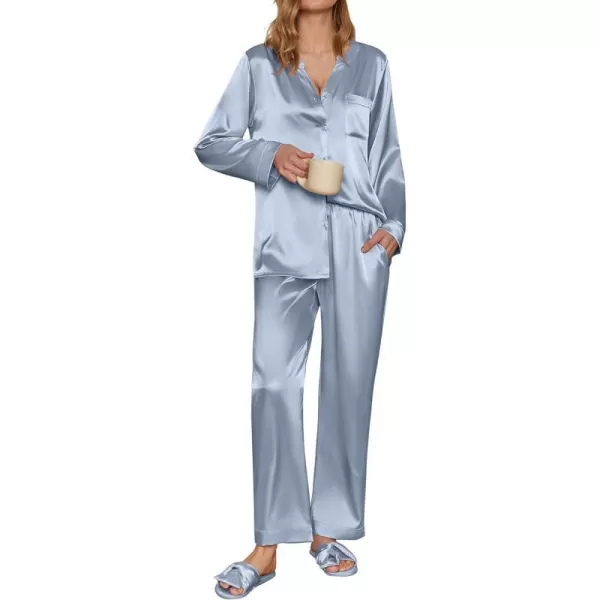 Ekouaer Satin Pajamas Set Womens Long Sleeve Sleepwear Classic Button Down Loungewear Silk Pjs with PocketsLight Blue